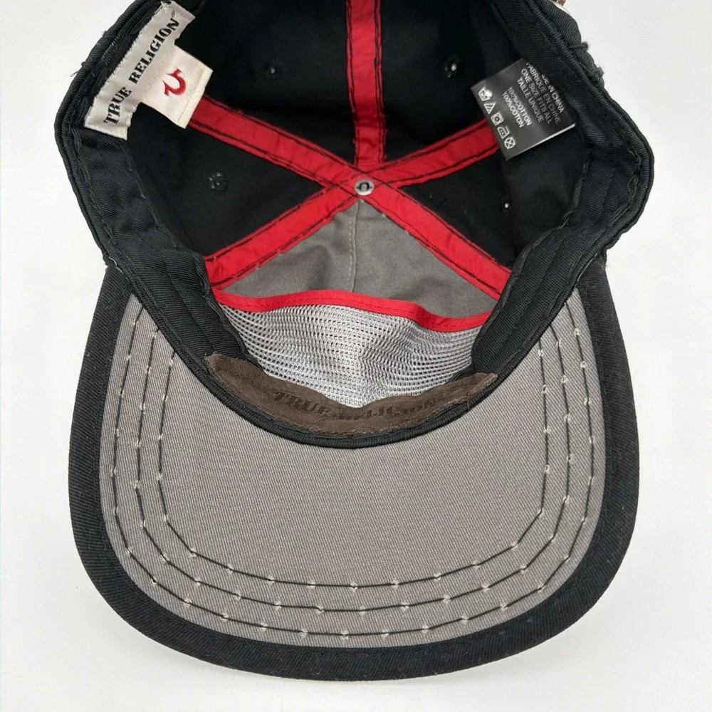 True Religion Hat Cap Mens One Size Black Horseshoe Drip Logo Leather Strapback